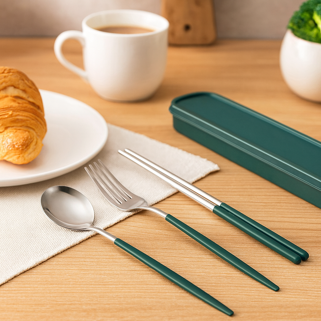 Zeyora | 4-teiliges Reisebesteck- und Essstäbchenset aus Edelstahl mit Halter