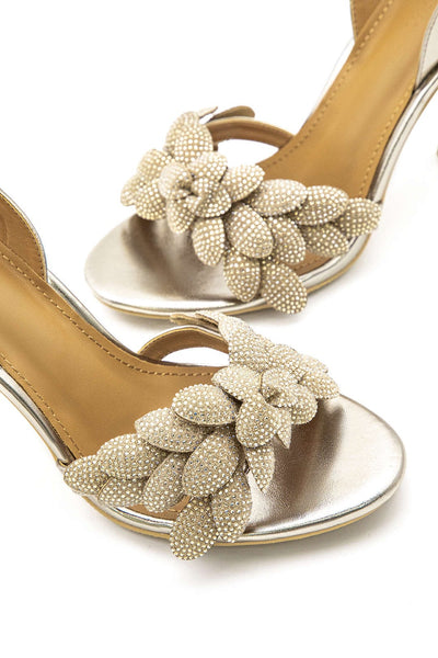 Luxuriöse Goldene Slingback-Sandalen mit Strassblumen – Perfekt für besondere Anlässe