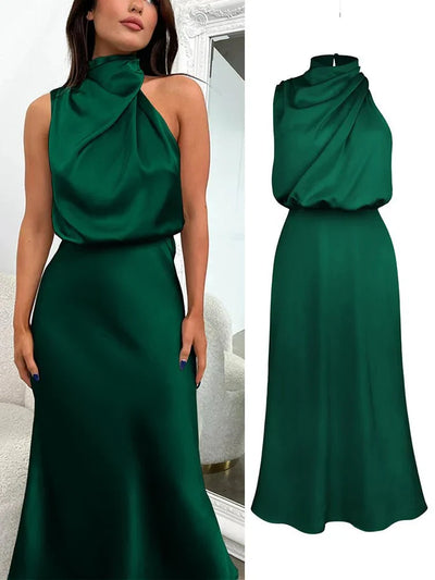 Alenya – Elegantes Satin Midi-Kleid mit asymmetrischem Ausschnitt