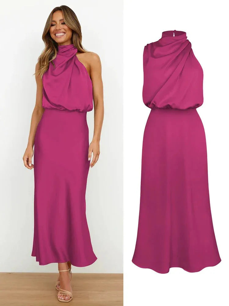 Alenya – Elegantes Satin Midi-Kleid mit asymmetrischem Ausschnitt