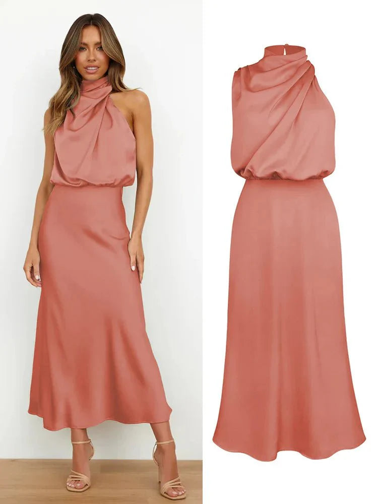 Alenya – Elegantes Satin Midi-Kleid mit asymmetrischem Ausschnitt