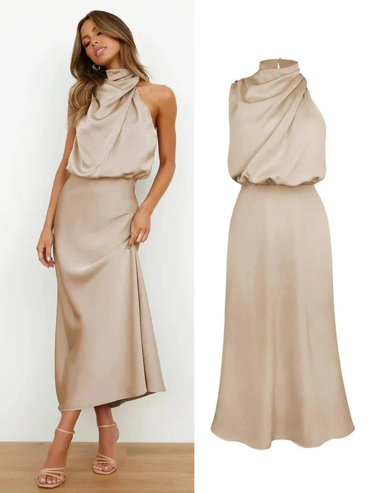 Alenya – Elegantes Satin Midi-Kleid mit asymmetrischem Ausschnitt