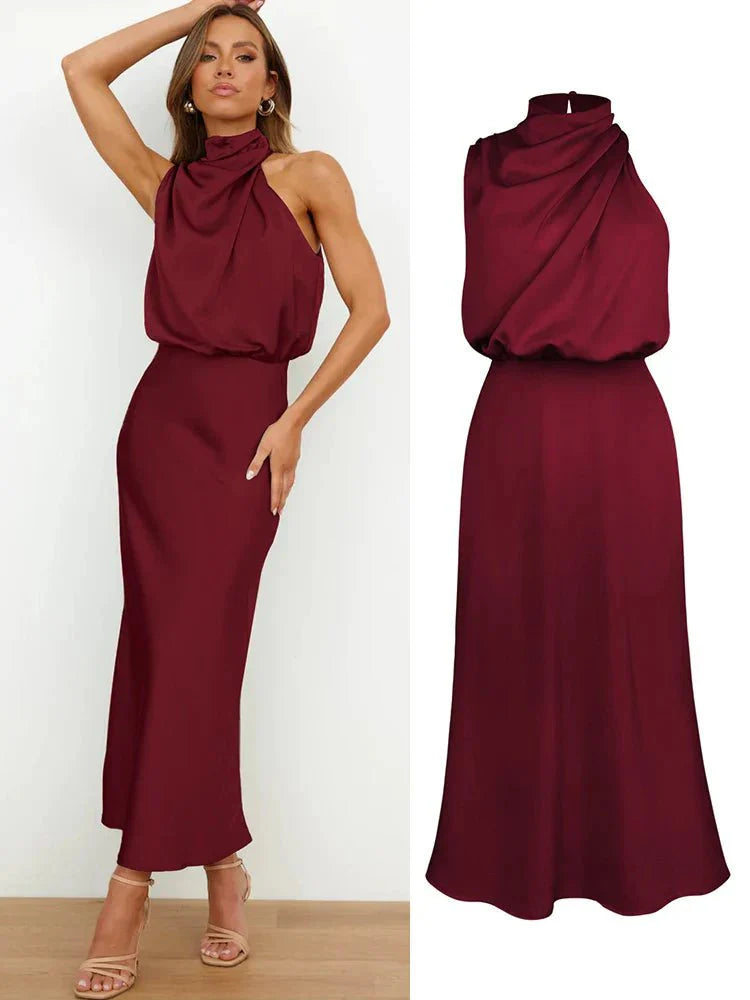 Alenya – Elegantes Satin Midi-Kleid mit asymmetrischem Ausschnitt