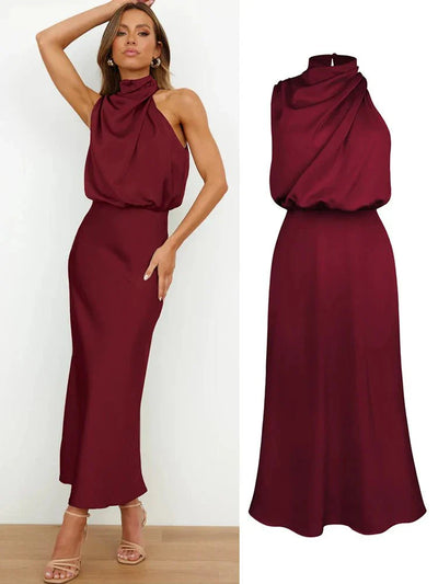 Alenya – Elegantes Satin Midi-Kleid mit asymmetrischem Ausschnitt