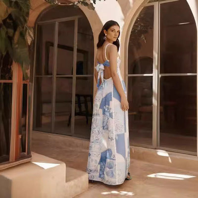 Briana | Blumenmuster Spitzen Trägerkleid mit sexy rückenfreiem Design und Schleifenverzierung