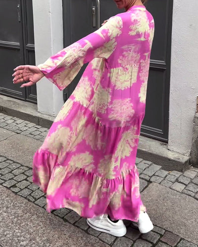 Maxikleid mit Print, Volantärmeln & Stehkragen – Stilvoll & Luftig