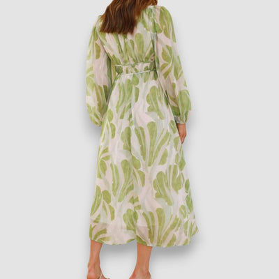 Lilly | Bedrucktes langärmeliges Midikleid mit V-Ausschnitt