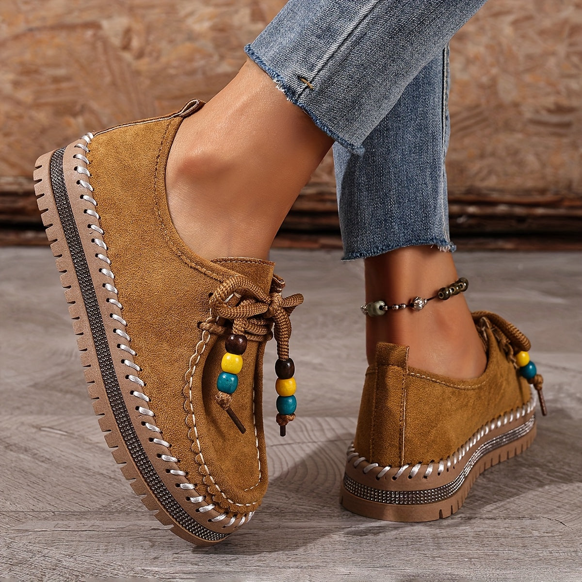 Damen Vintage Perlen Schnür Schuhe