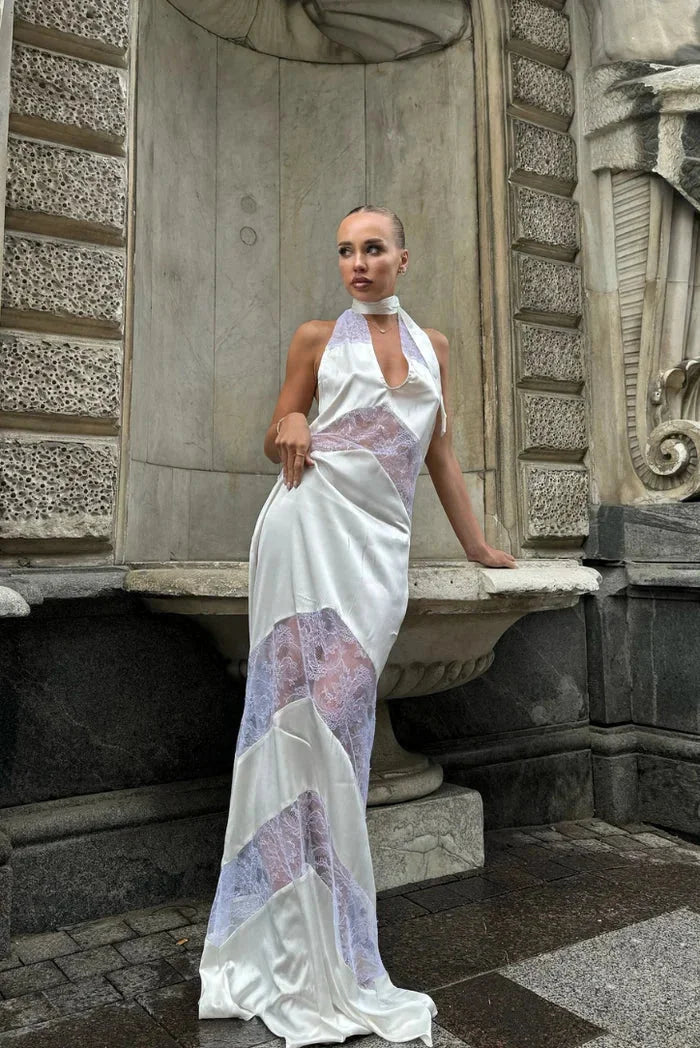 Damen Maxikleid mit Halfterkragen und Spitzendetails