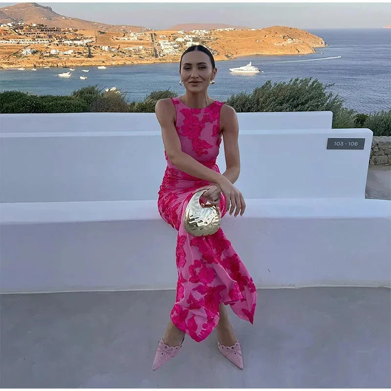 Damen Maxikleid Pink mit floralem Muster ärmellos