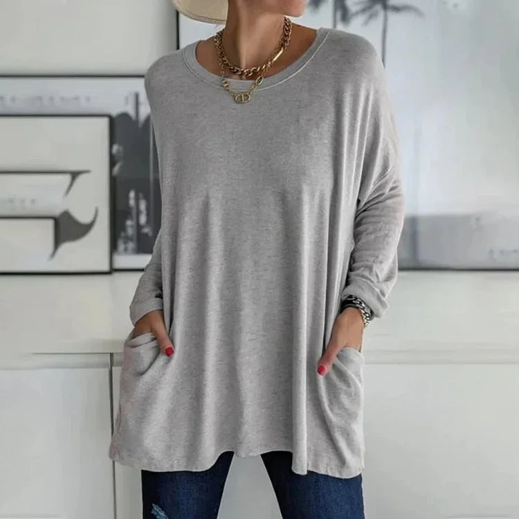 Damen Oversize Pullover mit Rundhalsausschnitt und Taschen