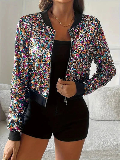 Damen Pailletten Bomberjacke mit Reißverschluss