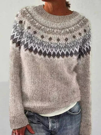 Damen Strickpullover mit Rundhalsausschnitt und Norwegermuster