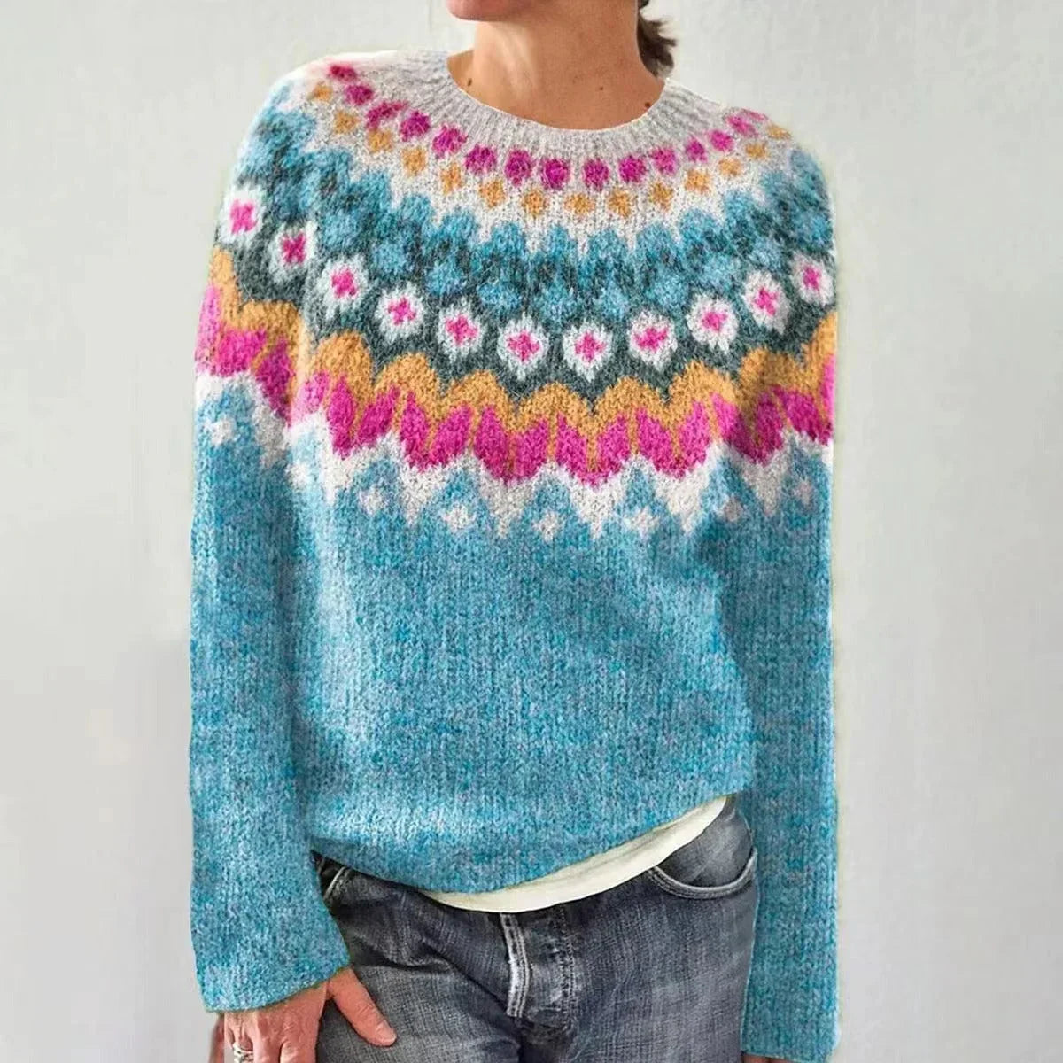 Damen Strickpullover mit Rundhalsausschnitt und Norwegermuster
