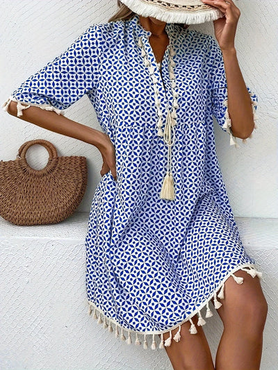 Damen Tunika Minikleid mit Quasten in weiß und blauem Muster