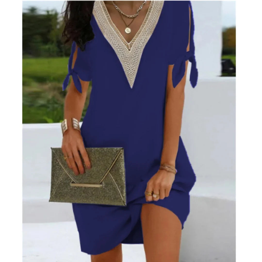 Damen Mini-Tunikakleid mit V-Ausschnitt und Schnürdetails