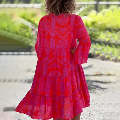 Damen Mini Sommerkleid in Rot mit Blumenmuster und V-Ausschnitt