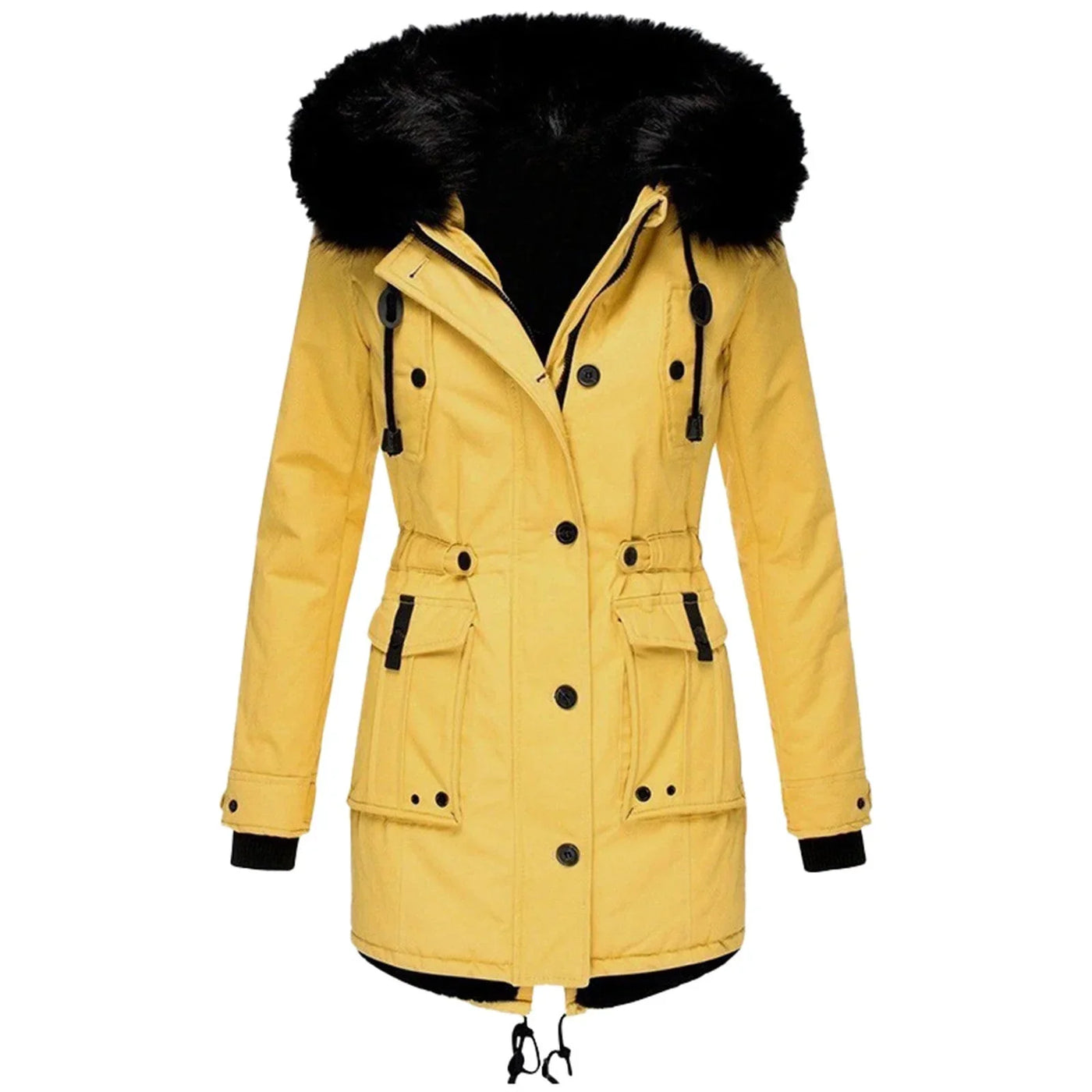 Damen Winterjacke mit Fellkapuze und Taschen