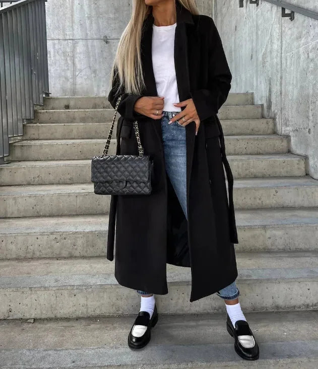 Damen Zweireihiger Mantel mit Gürtel und Taschen