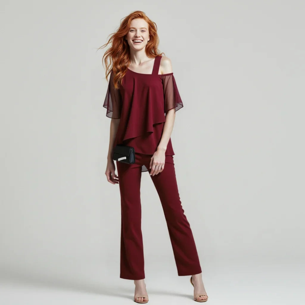 Damen Zweiteiler mit Cold-Shoulder-Bluse und weiten Hosen