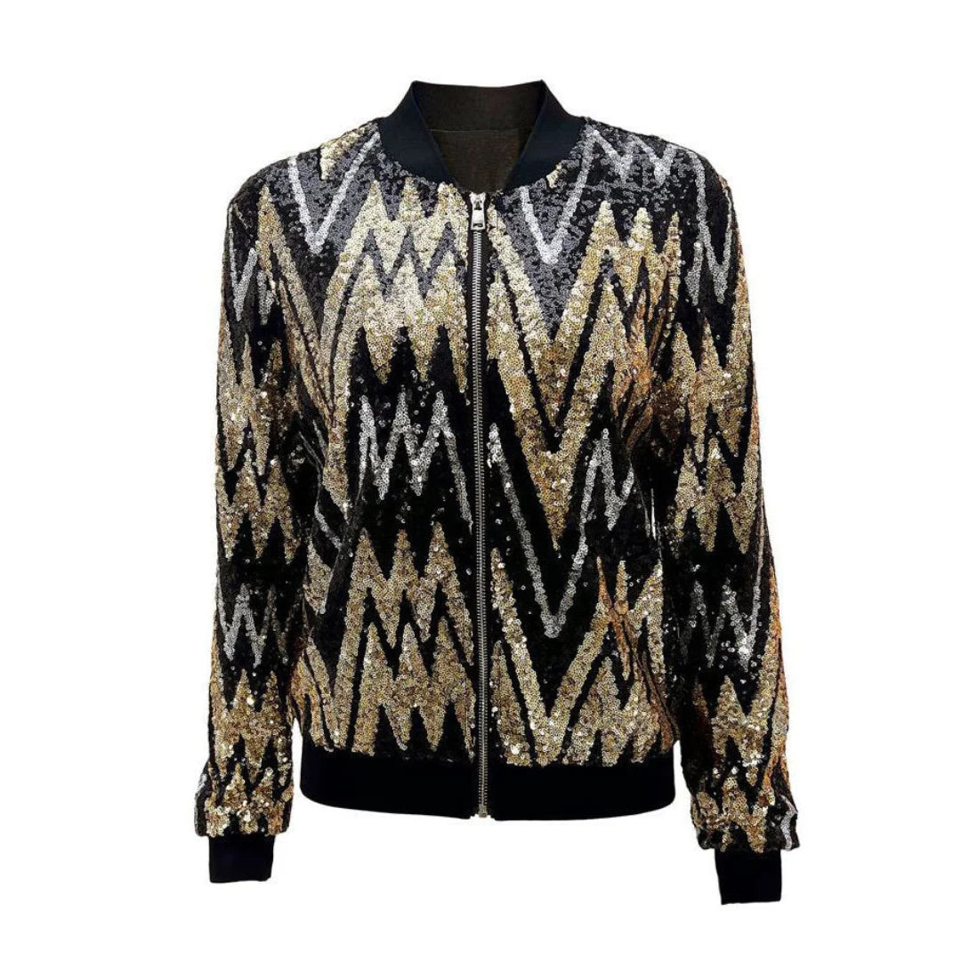Damen bomberjacke mit Paillettenmuster und Reißverschluss schwarz-gold