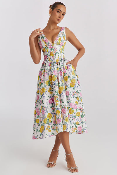 Damen Lässig Vintage Blumen Hochzeitsgast Kleid | Midi