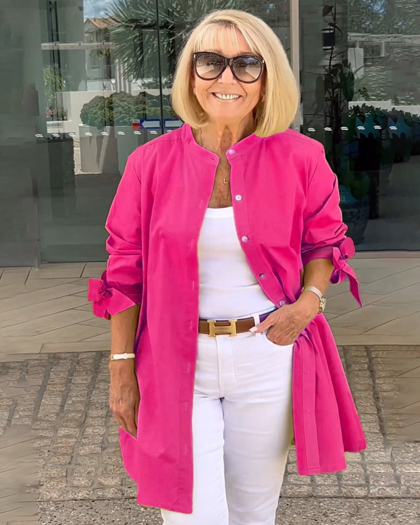 Evalina - Lange Hemdjacke aus Baumwolle mit Knöpfen und Taschen