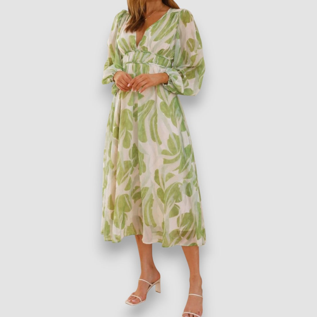 Lilly | Bedrucktes langärmeliges Midikleid mit V-Ausschnitt