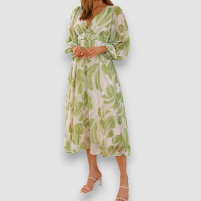 Lilly | Bedrucktes langärmeliges Midikleid mit V-Ausschnitt