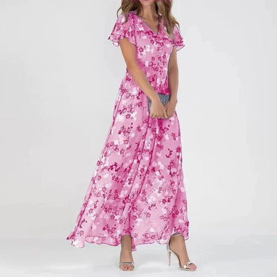 Romantisches Maxikleid mit Blumenprint – Rosa Chiffon, V-Ausschnitt & Schmetterlingsärmel