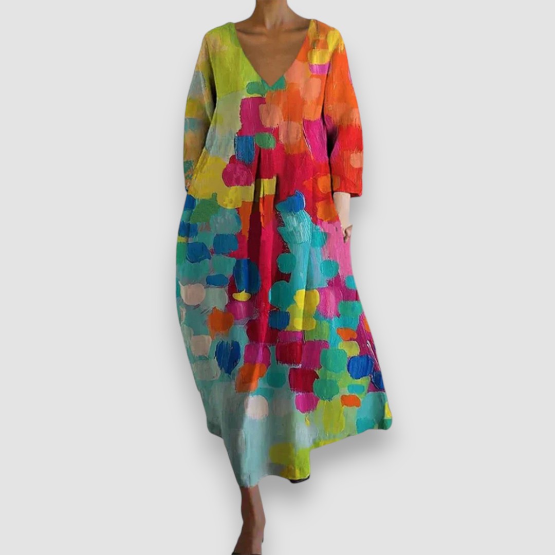 Anastasia | Bunt bedrucktes Kleid mit V-Ausschnitt