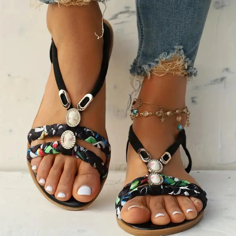 Damen Sandalen | Boho Sommer Stil | Weiche Sohle & Niedriger Keilabsatz | Florales Design