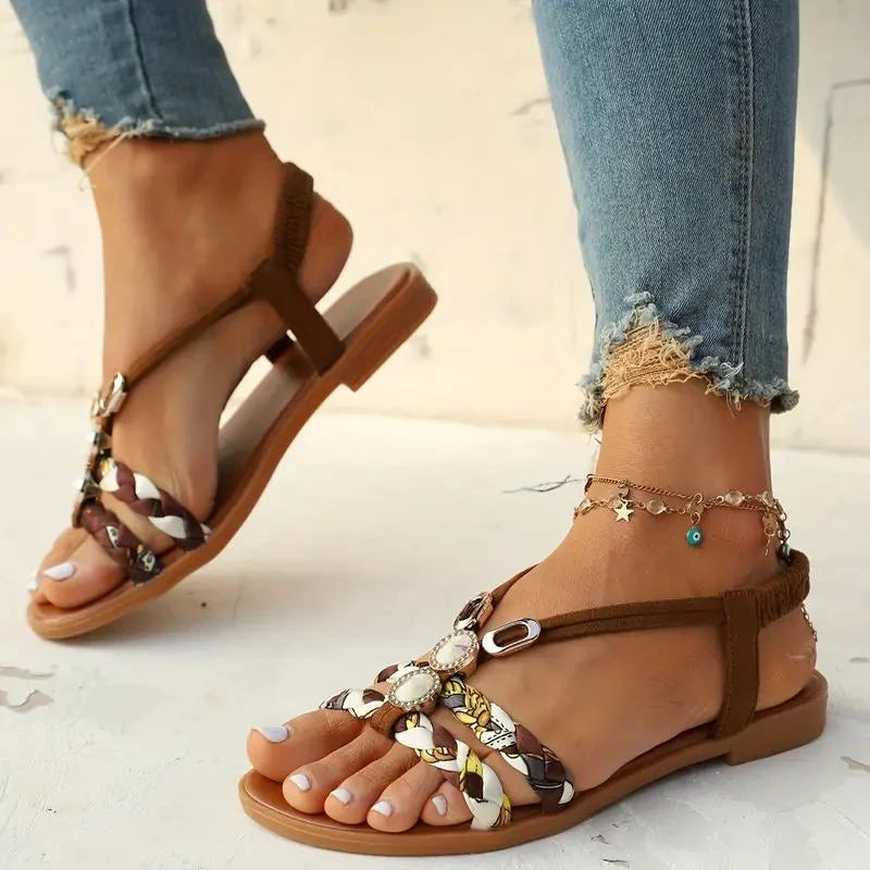 Damen Sandalen | Boho Sommer Stil | Weiche Sohle & Niedriger Keilabsatz | Florales Design
