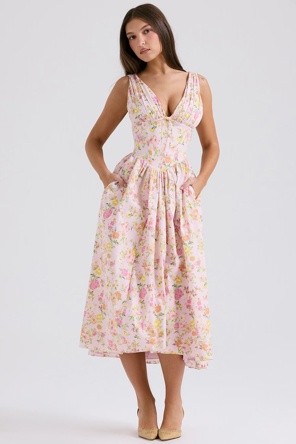 Damen Midi-Kleid | Boho Floral & V-Ausschnitt | Ärmellos A-Linie | Sommer & Hochzeit