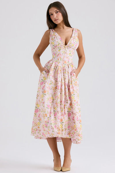 Damen Midi-Kleid | Boho Floral & V-Ausschnitt | Ärmellos A-Linie | Sommer & Hochzeit
