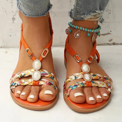 Damen Sandalen | Boho Sommer Stil | Weiche Sohle & Niedriger Keilabsatz | Florales Design