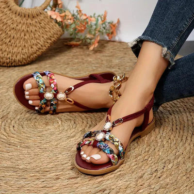 Damen Sandalen | Boho Sommer Stil | Weiche Sohle & Niedriger Keilabsatz | Florales Design