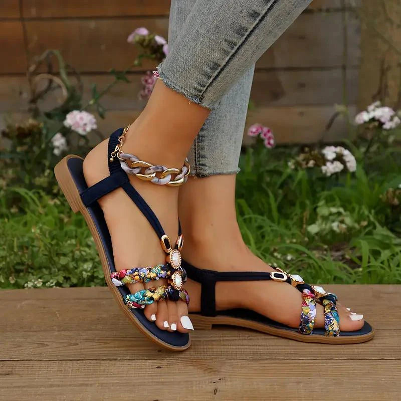 Damen Sandalen | Boho Sommer Stil | Weiche Sohle & Niedriger Keilabsatz | Florales Design