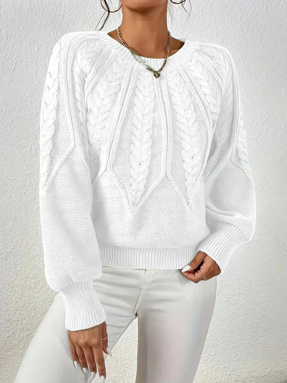 Damen Zopfstrick Pullover mit Rundhalsausschnitt