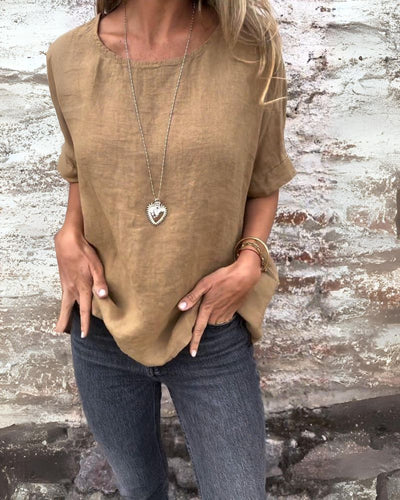 Giada™ - T-SHIRT aus Baumwolle und Leinen mit Rundhalsausschnitt