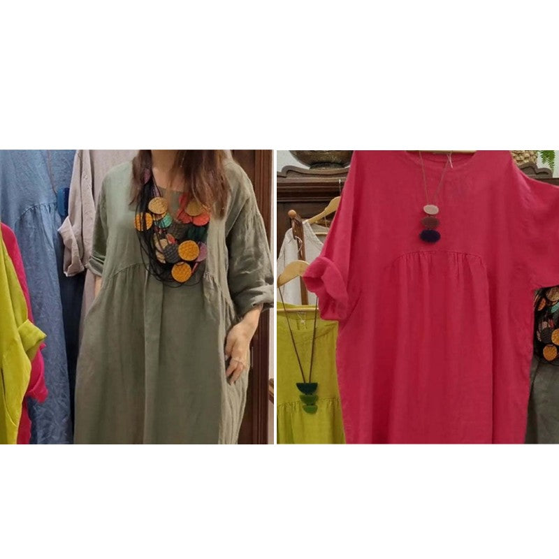 Vana | Lässiges, lockeres, einfarbiges Damenkleid mit Rundhalsausschnitt, 3/4-Ärmeln und Taschen