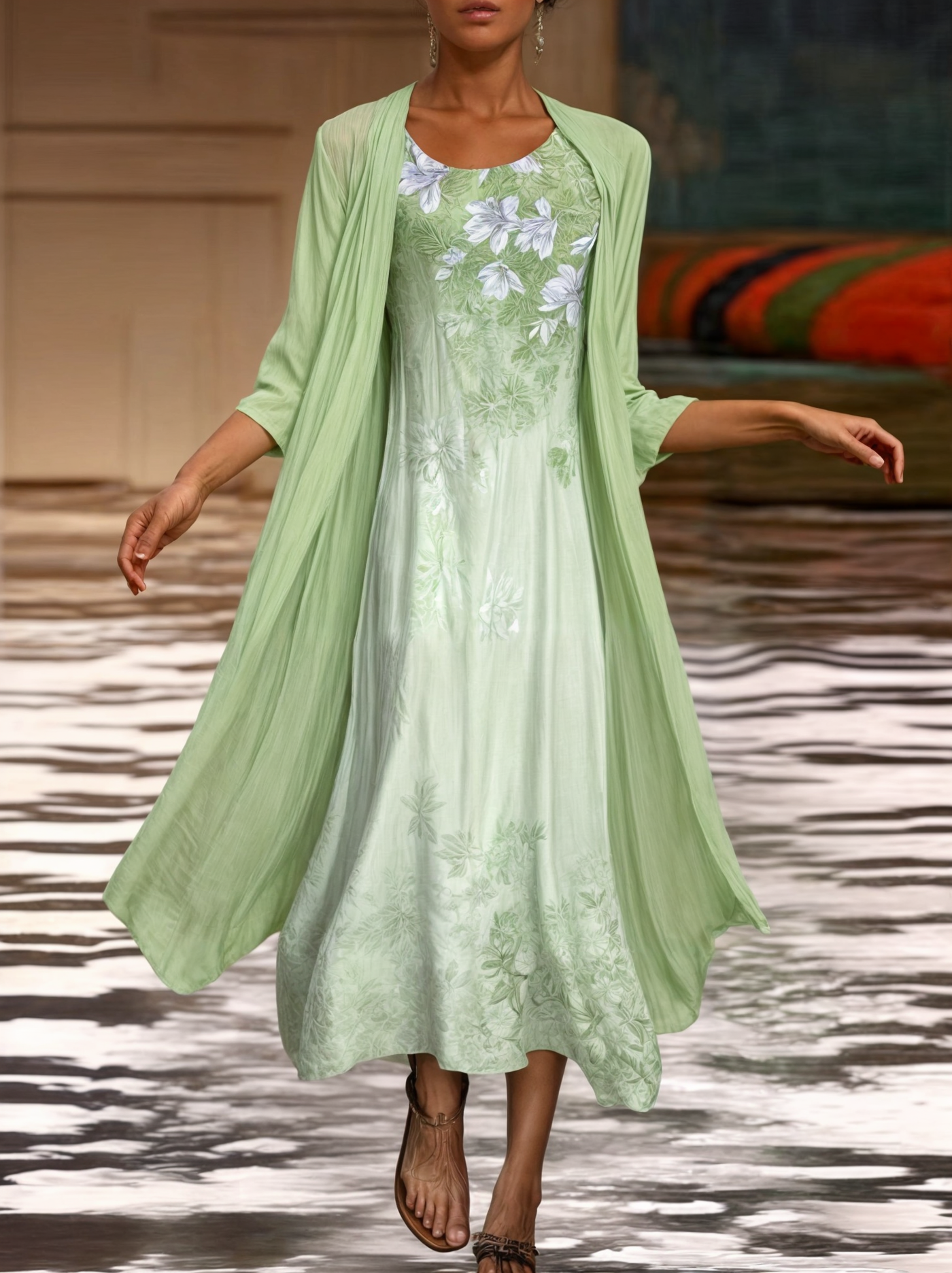 Stilvol Geblümtes A-Linien Kleid mit Weste für Damen – Miray