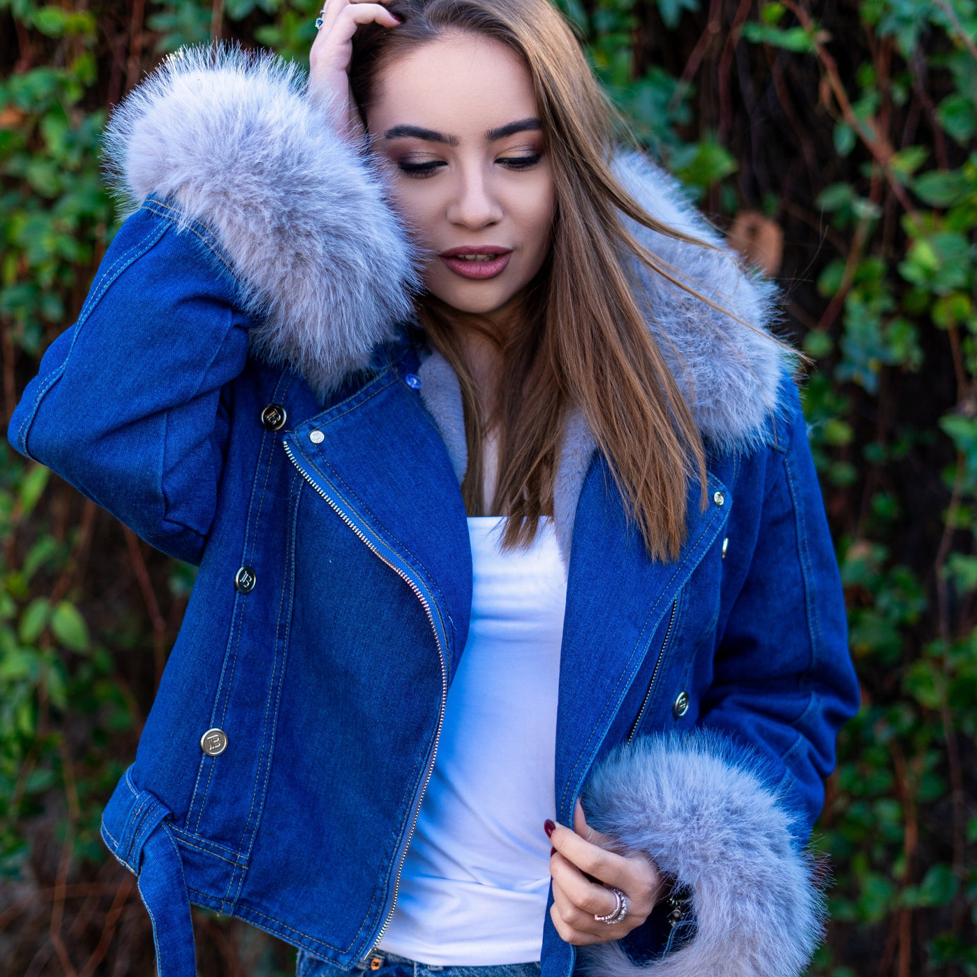 Sarah | Kunstpelzkragen Denim Jacke