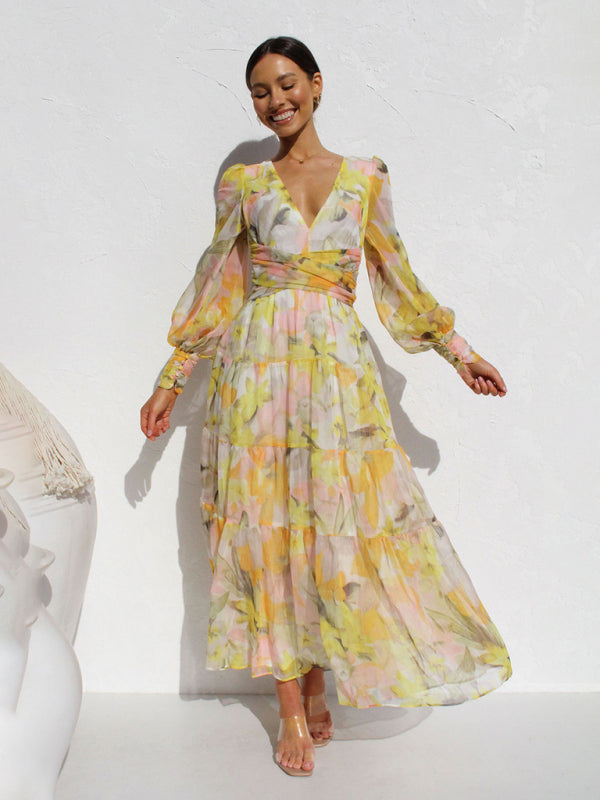 Leira | Maxikleid Langarm – Fließender Stoff, Festlich für Hochzeitsgast Damen