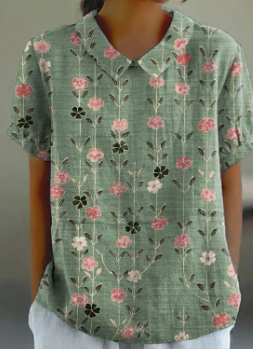 Rosa - Blumen Kurzarmbluse aus Baumwolle