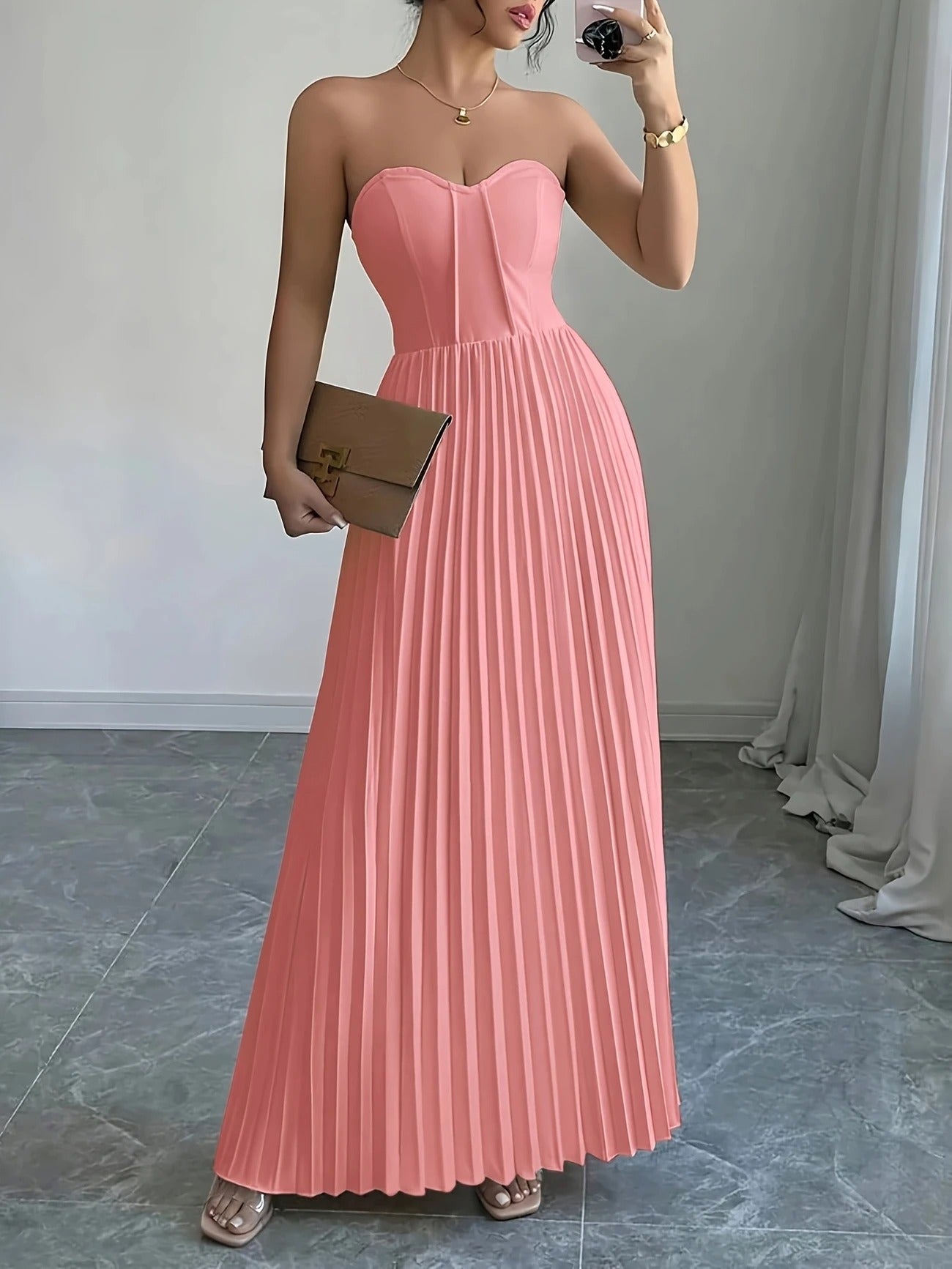 Bérénice | Trägerloses Maxikleid mit Korsagen-Oberteil und Plissee-Rock