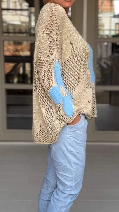 V-Ausschnitt-Strickbluse mit Blumenmuster