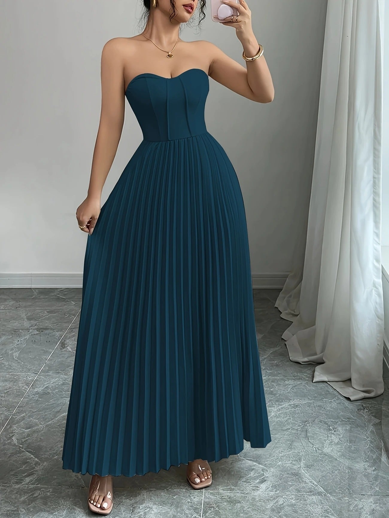 Bérénice | Trägerloses Maxikleid mit Korsagen-Oberteil und Plissee-Rock