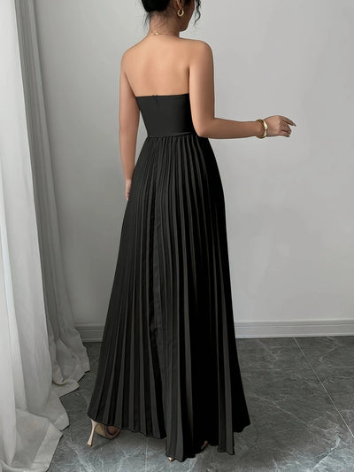 Bérénice | Trägerloses Maxikleid mit Korsagen-Oberteil und Plissee-Rock