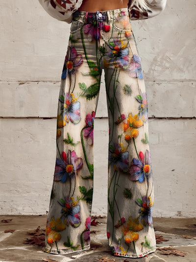 Jasmina – Boho Blumenmuster Schlagjeans mit hohem Bund